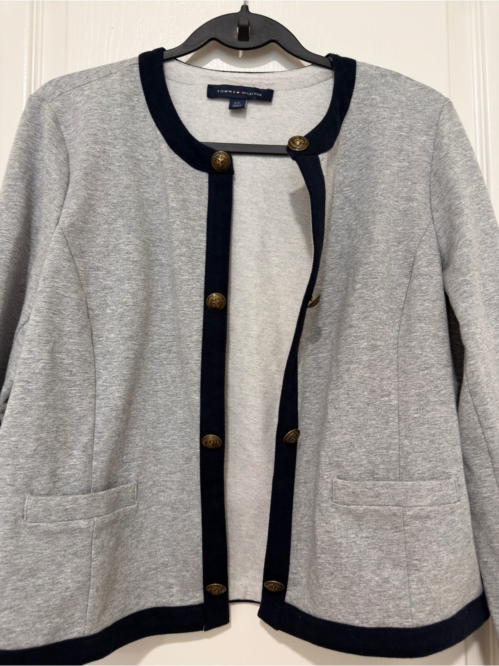 Tommy Hilfiger Open Front Cardigan Jacket Large Gray Navy Trim Gold Button - Picture 3 of 5
